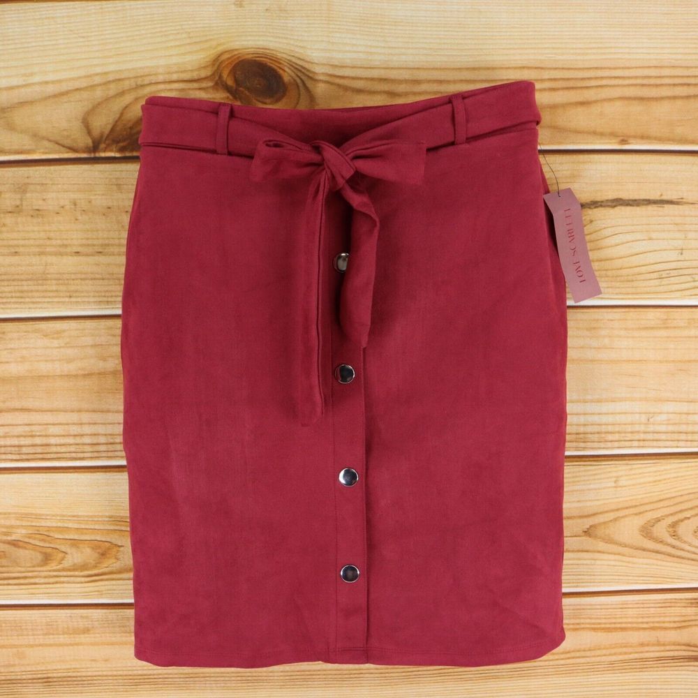 Love Scarlett Pencil Skirt Womens Sz L Red Buttons Bow Belt Stretch Soft NWT $52